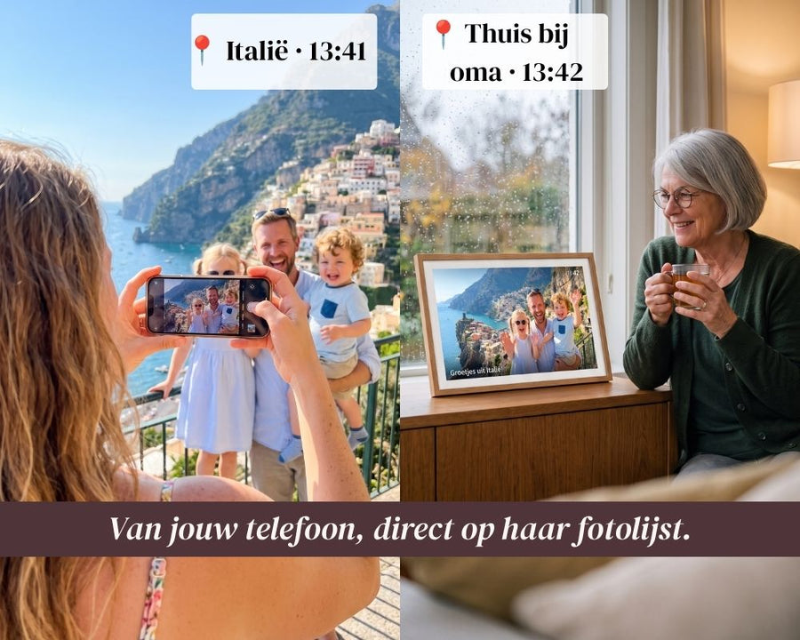 Een foto reist van de telefoon van iemand op reis, ver weg, naar de fotolijst in de woonkamer van het gezin thuis