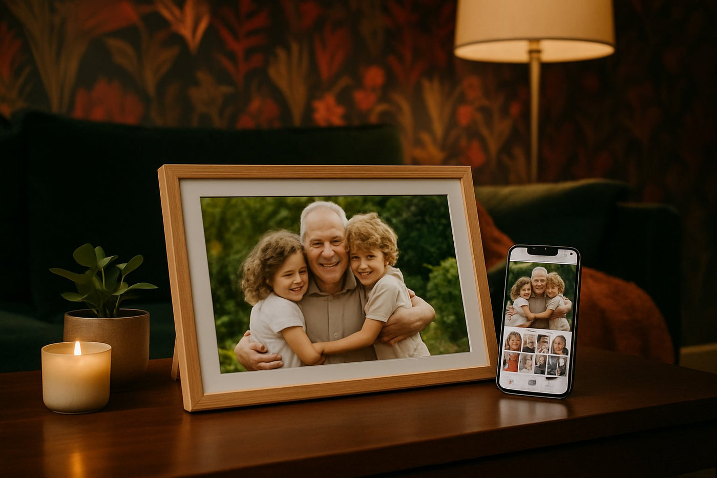UMBRION - Grote Digitale Fotolijst Hout - 15.6" XL (39.6 cm) - met afbeelding van blij gezin en telefoon waarop de Frameo app wordt weergegeven
