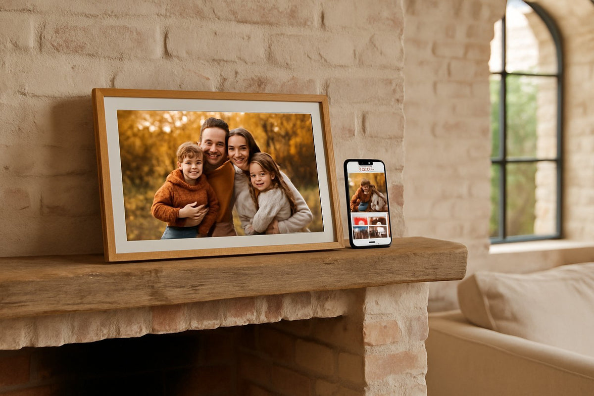 Frameo fotolijst hout: warme houtlook met slimme Frameo-functies - digitalefotolijst.nl