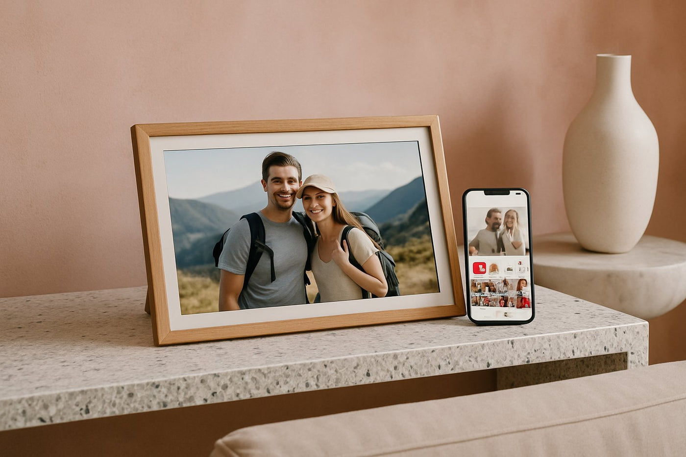 Frameo wood: houtlook digitale fotolijst kiezen en gebruiken - digitalefotolijst.nl